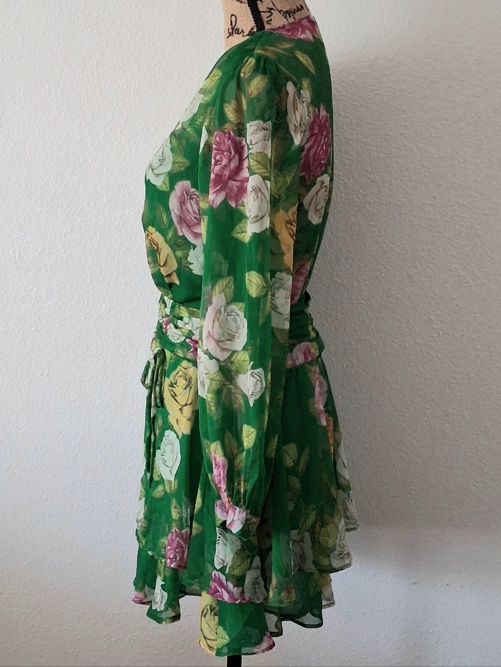 Zara Green Rose Print Mini Ruffled Dress Size S - Picture 5 of 6